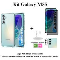 Kit Capa Transparente + Película 3D Privacidade + Película Câmera + Cabo USB Tipo C para Samsung Galaxy M55