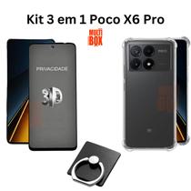 Kit Capa Transparente + Película 3D Privacidade + Suporte de Anel para Xiaomi Poco X6 Pro