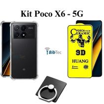 Kit Capa Transparente + Película Cerâmica Fosca + Anel Suporte para Xiaomi Poco X6 5G