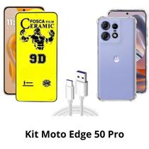 Kit Capa Transparente + Película Cerâmica Fosca + Cabo USB Tipo C para Moto Edge 50