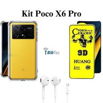Kit Capa Transparente + Película de Cerâmica Fosca + Fone de Ouvido para Xiaomi Poco X6 Pro