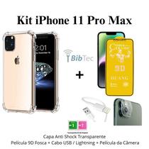 Kit Capa Transparente + Película de Cerâmica Fosca + Película Câmera + Cabo IOS/USB para Iphone 11 Pro Max