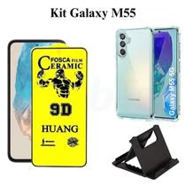 Kit Capa Transparente + Película de Cerâmica Fosca + Suporte de Mesa para Samsung Galaxy M55