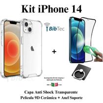 Kit Capa Transparente + Película de Cerâmica + Suporte de Anel para Iphone 14