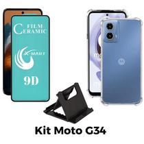 Kit Capa Transparente + Película de Cerâmica + Suporte de Mesa para Motorola Moto G34 Kit Capa Transparente + Película de Cerâmica + Suporte de Mesa para Motorola Moto G34