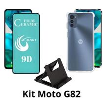 Kit Capa Transparente + Película de Cerâmica + Suporte de Mesa para Motorola Moto G82