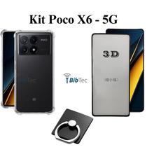 Kit Capa Transparente + Película de Vidro 3D + Anel Suporte para Xiaomi Poco X6 5G