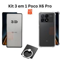 Kit Capa Transparente + Película de Vidro 3D + Anel Suporte para Xiaomi Poco X6 Pro