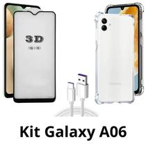 Kit Capa Transparente + Película de Vidro 3D + Cabo USB Tipo C para Samsung Galaxy A06 Kit Capa Transparente + Película de Vidro 3D + Cabo USB Tipo C para Samsung Galaxy A06