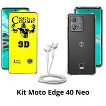 Kit Capa Transparente + Película Fosca + Fone de Ouvido para Moto Edge 40 Neo