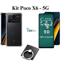 Kit Capa Transparente + Película Fosca Privacidade + Anel Suporte para Xiaomi Poco X6 5G
