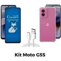 Kit Capa Transparente + Película Fosca Privacidade + Cabo USB Tipo C para Moto G55