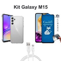 Kit Capa Transparente + Película Fosca Privacidade + Cabo USB Tipo C para Samsung Galaxy M15