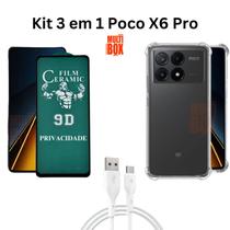 Kit Capa Transparente + Película Fosca Privacidade + Cabo USB Tipo C para Xiaomi Poco X6 Pro