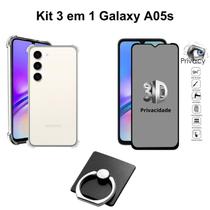 Kit Capa Transparente + Película Privacidade 3D de Vidro + Suporte de Anel para Samsung Galaxy A05S