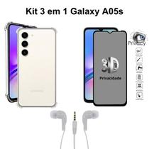 Kit Capa Transparente + Película Privativa 3D Vidro + Fone de Ouvido com Fio para Samsung Galaxy A05S