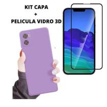 Kit Capa Veludo Compatível Moto E22 Lilas+ Pelicula 3D