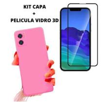 Kit Capa Veludo Compatível Moto E22 Rosa + Pelicula 3D