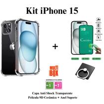 Kit Capinha Anti Impactos + Película Frontal de Cerâmica 9D + Suporte de Anel para Iphone 15 15 Pro 15 Pro Max 15 Plus