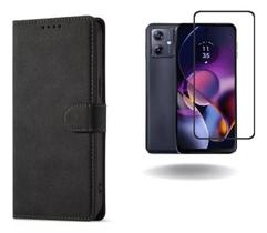 Kit Capinha Capa Carteira Flip Para Moto G54 + Película 3D Vidro Premium