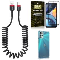 Kit Capinha Moto G22 + Cabo Espiral Tipo C + Película Vidro 3D