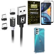 Kit Capinha Moto G22 + Cabo Magnético 2 Metros + Película Vidro 3D