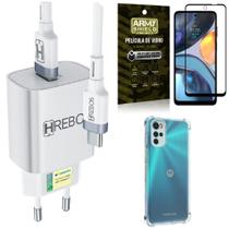 Kit Capinha Moto G22 + Carregador Turbo 18W Tipo C + Película Vidro 3D