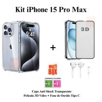 Kit Capinha + Pelicula 3D de Vidro + Fone com fio Para Iphone 15 15 Pro 15 Pro Max 15 Plus