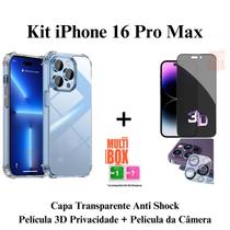 Kit Capinha + Pelicula Privativa 3D Vidro + Câmera para Iphone 16 16 PRO 16 PRO MAX 16 PLUS - XMART