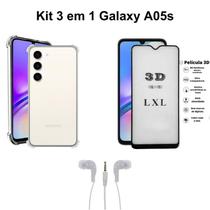 Kit Capinha Transparente + Película 3D de Vidro + Fone de Ouvido para Samsung Galaxy A05S Kit Capinha Transparente + Película 3D de Vidro + Fone de Ouvido para Samsung Galaxy A05S
