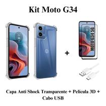 Kit Capinha Transparente + Película 3D Vidro + Cabo Carregador USB Tipo C para Moto G34