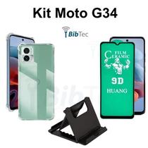 Kit Capinha Transparente + Película de Cerâmica Flexível + Suporte de Mesa para Motorola Moto G34