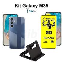 Kit Capinha Transparente Película de Cerâmica Fosca Suporte de Mesa p/ Samsung Galaxy M35 - HUANG