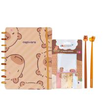 Kit Capivara Escolar Fofa Com Caderno Inteligente Disco 80 Folhas Post-It Canetas Em Gel Infantil Volta Às Aulas Skypaper