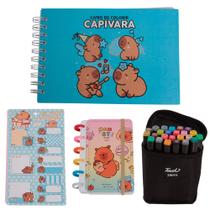 Kit Capivara Livro de Colorir Adesivos Bloco Notas Canetas