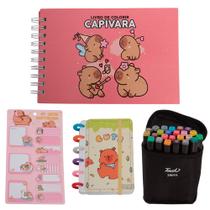 Kit Capivara Livro de Colorir Adesivos Bloco Notas Canetas