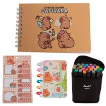 Kit Capivara Livro de Colorir Adesivos Bloco Notas Canetas