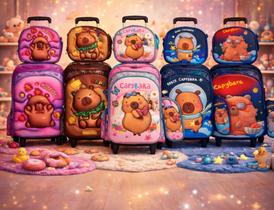 kit Capivara Mochila 3D Escolar Passeio Lancheira+Estojo + Chaveiro Brinde Promo