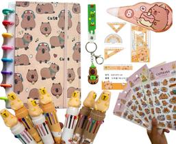 Kit Capivara Papelaria Fofa Kawaii Completo Canetas Adesivos