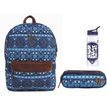 Kit Capricho Etnic Azul Mochila + Estojo Duplo + Garrafa