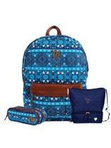 Kit Capricho Etnic Azul Mochila + Lancheira + Estojo Duplo