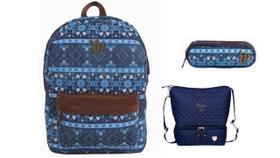 Kit Capricho Etnic Azul Mochila + Lancheira + Estojo Duplo