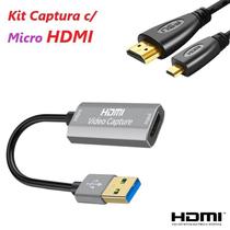 Kit Captura com Placa Captura + Cabo Micro 60 fps CINZA Hdmi 3.0 Full Hd 1080 4k Live Streaming