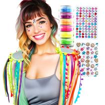 Kit Carnaval Festa: Par Ombreiras Pompom e Fitas Coloridas + Maquiagem Sombra Neon 6 Cores + 2 Face Jewels