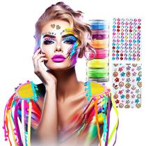 Kit Carnaval Festa: Par Ombreiras Pompom e Fitas Coloridas + Maquiagem Sombra Neon 6 Cores + 2 Face Jewels