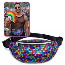 Kit Carnaval Pochete Paetê Multicolorida e Leque Arco-Íris (1 Kit)