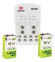 Kit Carregador Bivolt + 2 Baterias 9V Recarregavel Pilha Retangular 450mah