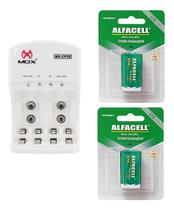 Kit Carregador Bivolt Mais 2 Baterias 9v Recarregaveis Pilha Retangular