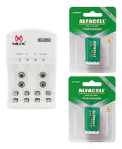 Kit Carregador Bivolt Mais 2 Baterias 9v Recarregavel Pilha Retangular