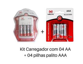 Kit Carregador com 04 pilhas AA + 04 pilhas AAA recarregáveis mox - original